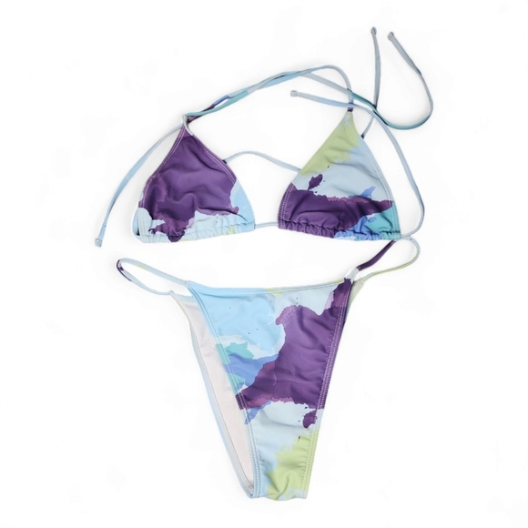 Multicolor triangle Itty bitty string bikini cheeky purple blue green L cover-up - Picture 4 of 7